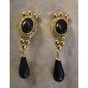 Vtg 90's Glam  Gold And Black Teardrop Dangle Statement Clip  Earrings 2.5 "